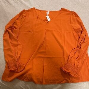 Vibrant Orange Blouse with Ruched Sleeves